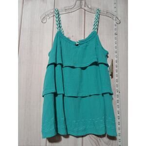 Route 66 Tank Top Womens Medium Blue Ruffle Layered Strappy Embroidered Cotton